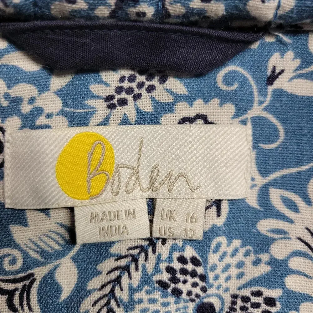 Boden Quilted Jacket Women 12 Blue Floral Cotton Linen Button Up Pockets Casual - Picture 7 of 9